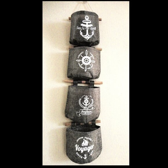 Set of 4 Water Resistant Sm. Hanging Totes, Nautical Theme, Bathrms, Cruise NEW - Picture 1 of 9